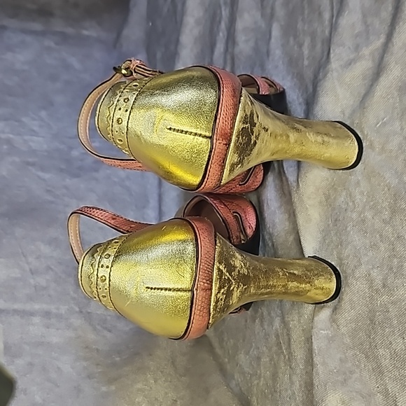 Miu Miu Gold Peach Pink Coral Orange Round Mary Jane Leather Heel Wedge Sz.40 - Picture 4 of 8